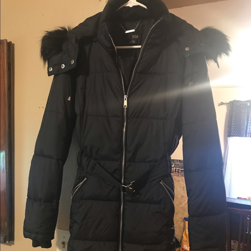 brand new Black winter coat with fur hood & belt